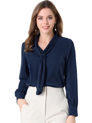 Allegra K Women's Long Sleeve Pleated Tie Neck Office Blouses Navy Blue ...