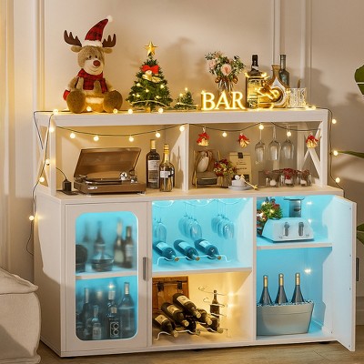 Aheaplus Wine Bar Buffet Table with Glass Holders and Led Lights, Bar Storage Cabinet with Power Outlet
