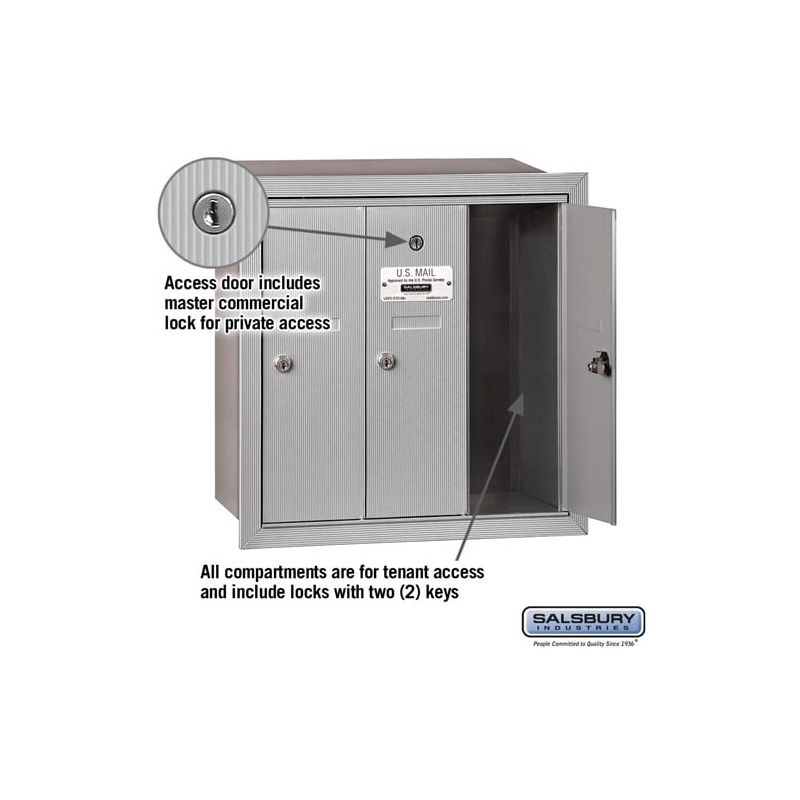 Salsbury Industries Vertical Mailbox (Includes Master Commercial Lock) - 3 Doors - Aluminum - Recessed Mounted - Private Access, 2 of 6