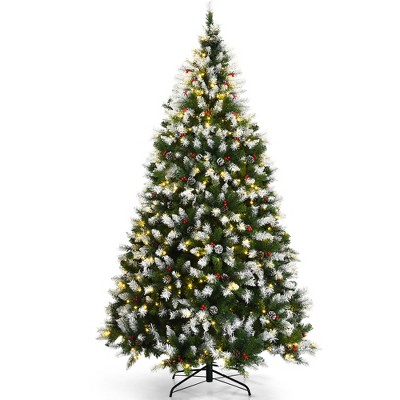 Costway 7.5ft Pre-lit Snowy Christmas Tree 1398 Tips w/ Pine Cones & Red Berries