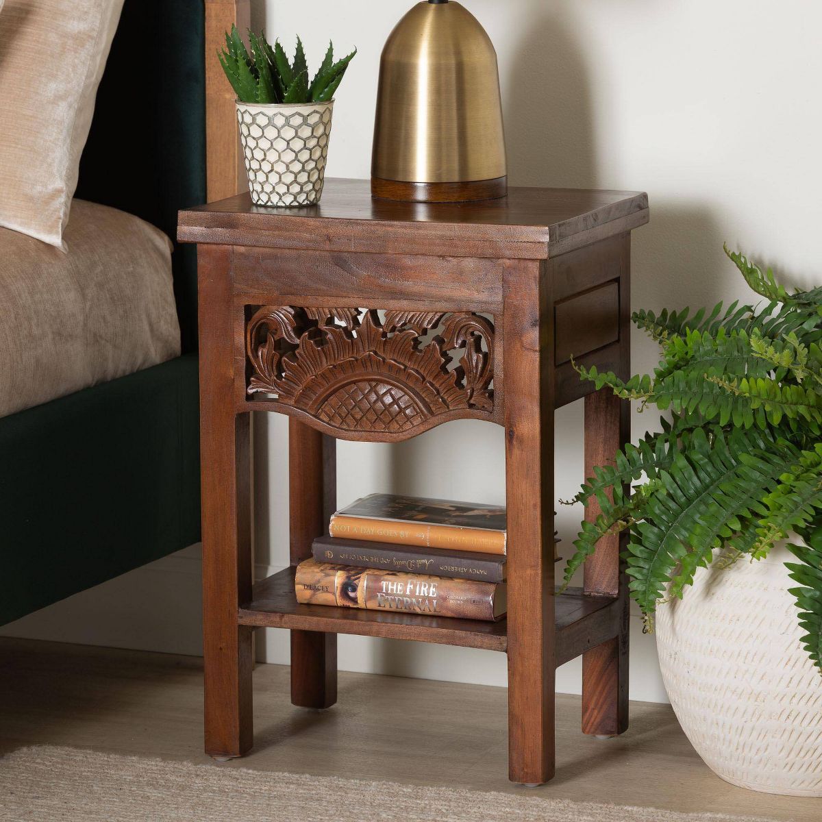 bali & pari Alexandra Handcarved Mahogany Wood Nightstand Light Brown - thumbnail 6