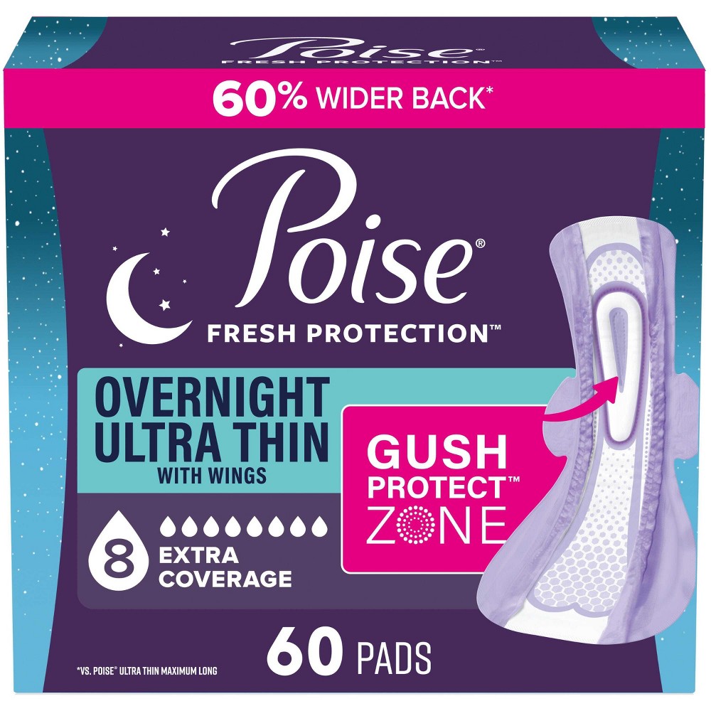 Poise Ultra-Thin with Wings Long Overnight Pads - 60ct