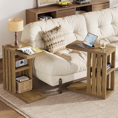 Tribesigns 3-Tier C Shaped End Table for Couch, Wooden Narrow Side Table for Living Room, Small Bedside Nightstand for Bedroom, Brown