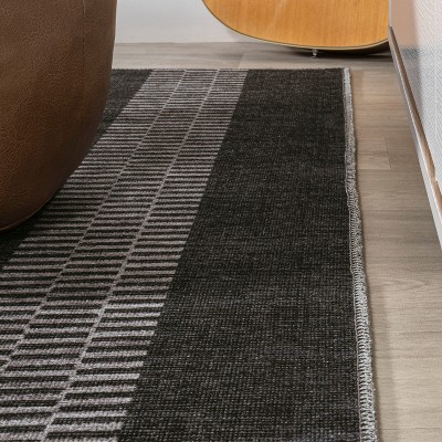 Black and Ivory Striped 8' x 10' Washable Synthetic Rug