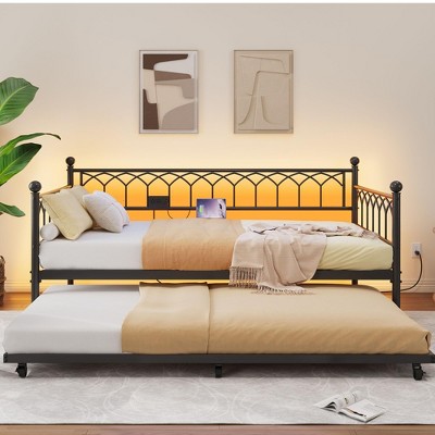 Twin Daybed with Trundle, Day Bed with Charging Station & LED Lights