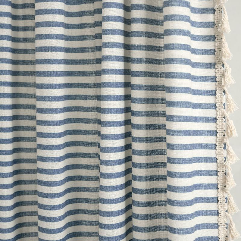 Boho Coastal Horizontal Ticking Stripe Tassel Window Curtain Panels Blue 52X84 Set, 3 of 6