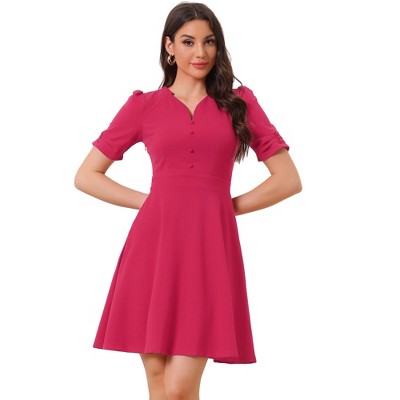 INSPIRE CHIC Women's Elegant V Neck Puff Short Sleeve Work Office Flared Dresses