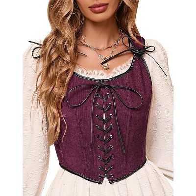 Acekool Women’s Vintage Lace-Up Corset Vest – Floral Embroidered, Sleeveless Pirate Waistcoat, Adjustable Boho Festival Top