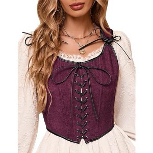 Acekool Women’s Vintage Lace-Up Corset Vest – Floral Embroidered, Sleeveless Pirate Waistcoat, Adjustable Boho Festival Top - 1 of 4