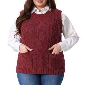 Women's Plus Size Knitted Crew Neck Sleeveless Casual Sweater Vest with Pocket - Agnes Orinda - 1 of 4