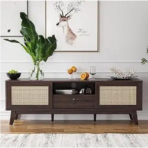 Gulches Rattan TV Stand for TVs, Wood TV Stand Mid Century Modern TV Stand TV Media Console with Drawer and 2 Cabinets - 1 of 1