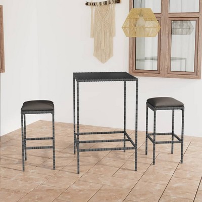 vidaXL Patio Bar Set 3 Piece, Bar Stool for Outdoor Garden Backyard, Bistro Set with Cushions, Bar Table, Farmhouse Modern Style, Poly Rattan Gray