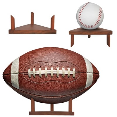 Americanflat Ball Display Stand Set of 3 with Pegs - Double-Sided Sports Ball Display Stand for Baseballs, Basketballs or Footballs - Walnut
