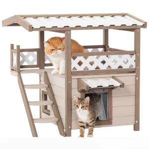 Outdoor Cat House with PVC Roof, Outside Cat Shelter for Feral Cats, 2 Story Wooden Cat Condos for 2-3 Cats or Small Animals - 1 of 4