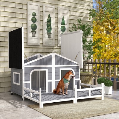 Elevated Large Wooden Dog House with Spacious Sun Deck, Gray