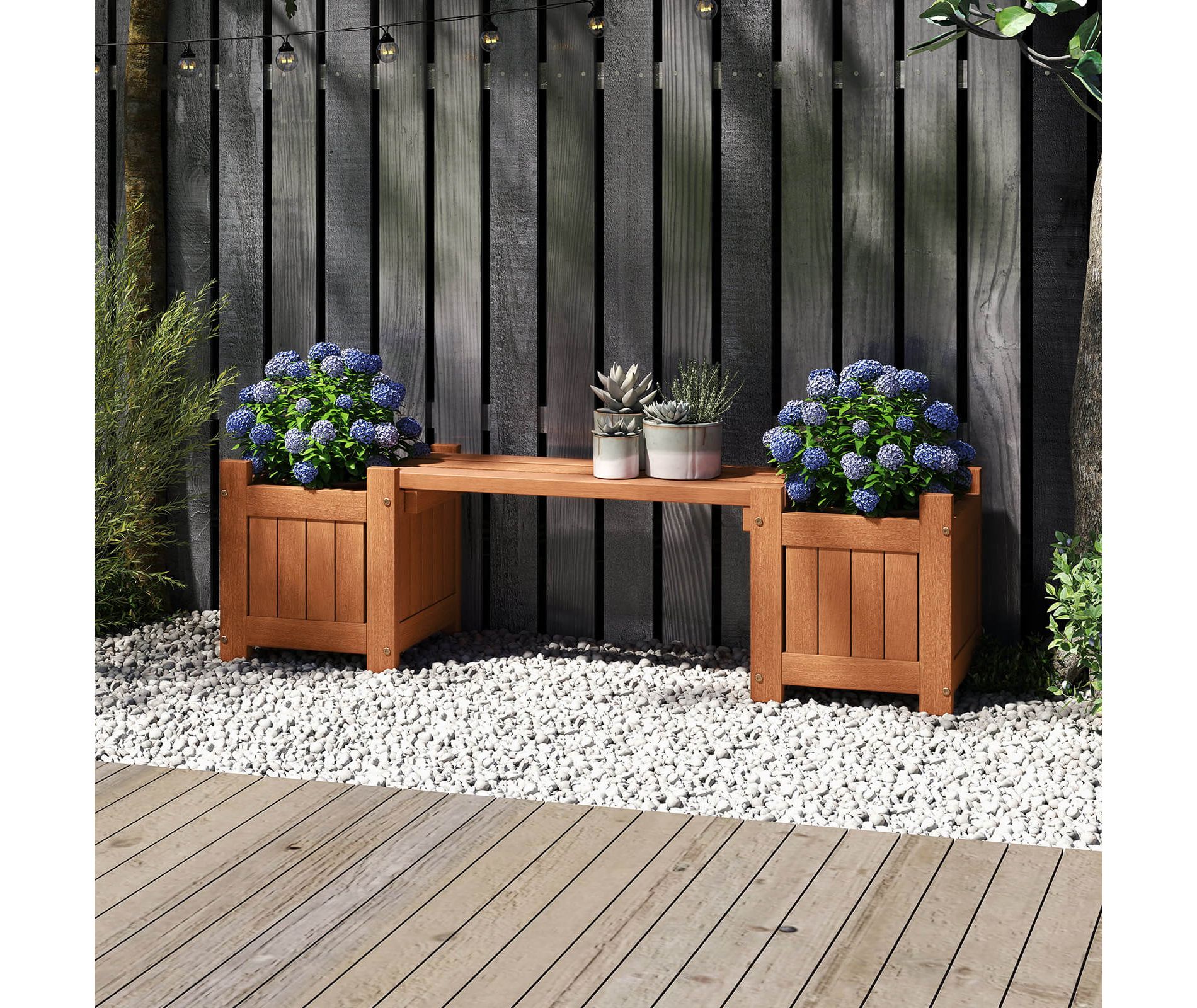 Costway Wood Planter Box with Bench Open-Ended Base & Teak Oil Finish for Flowerpots