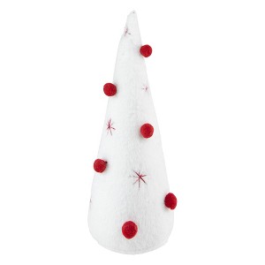 Northlight Plush Christmas Cone Tree with Pompom Ornaments - 11" - White and Red - 1 of 4