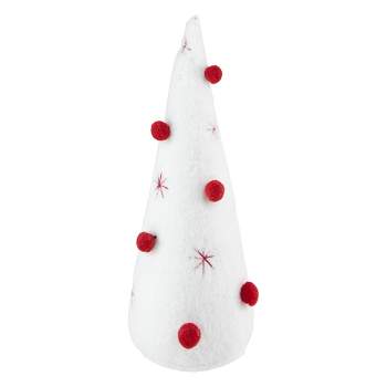 Northlight 11" White Plush Christmas Cone Tree with Red Pompom Ornaments