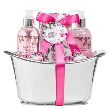 Freida & Joe  Pink Orchid & Strawberry Fragrance Bath & Body Collection in Silver Tub Basket Gift Set