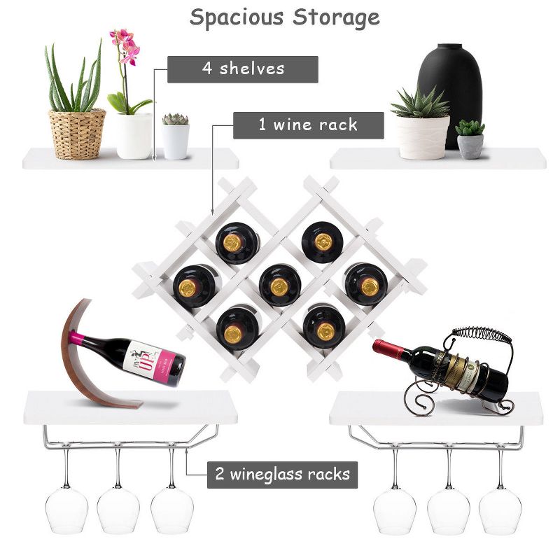 Tangkula Set of 5 Wall Mount Wine Rack Set Storage Shelves and Glass Holder White, 5 of 11