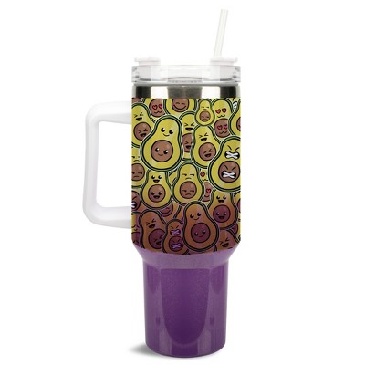 100 North Avocado Emoji Collage Smiley Face 40 oz. Stainless Steel, Large Water Bottle Coffee Mug, Spill & Leak Resistant, Thermal Travel Tumbler with