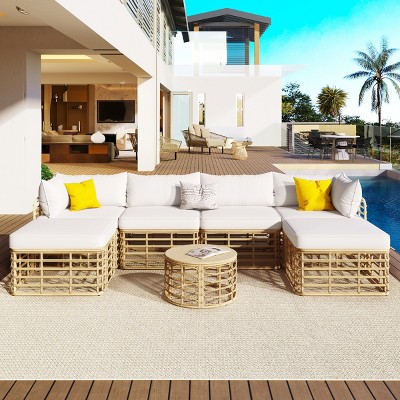 Outdoor 7-Pieces Sectional Sofa Set, All-Weather Rattan Sofa Set with Coffee Table, Freely Combined Sofa with Polyester Cushions–Cuddlewood