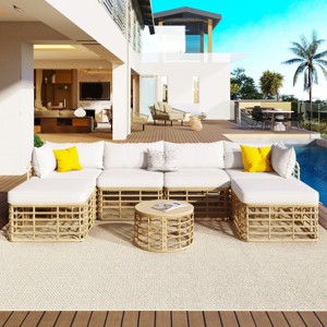 Outdoor 7-Pieces Sectional Sofa Set, All-Weather Rattan Sofa Set with Coffee Table, Freely Combined Sofa with Polyester Cushions–Cuddlewood - 1 of 4