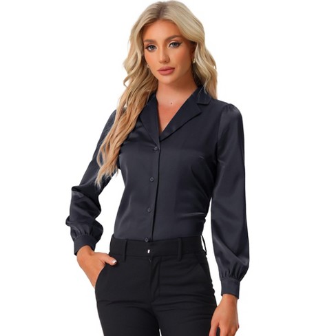 Allegra K Women's Elegant Collar V Neck Long Sleeve Work Office Satin  Button Down Shirt Black Blue Large