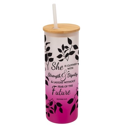 Elanze Designs Clothed Strength & Dignity Proverbs 33 Wrap-Around Design 25 Ounce Frosted Gradient Glass On-The-Go Coffee Travel Skinny Tumbler Mug