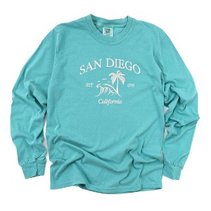 Simply Sage Market Women's Embroidered San Diego Long Sleeve Garment Dyed Tee - 1 of 3
