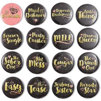Blue Panda 16-Piece Buttons Pins for Bachelorette Party Bridal Shower Pins, 16 Designs, 2.25 in