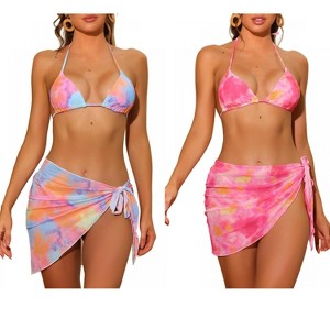 INSPIRE CHIC Women's Dye Halter Tie Triangle Swimsuits with Sarong Cover Ups Beach Skirt Bikini 2 Set - 1 of 4