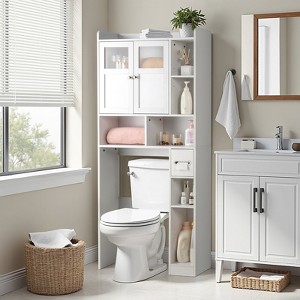 KTMBDW Over The Toilet Storage Cabinet, Bathroom Shelf Organizer with Double-Door, Small Freestanding Space Saver with Adjustable Shelf, White - 1 of 4