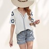 Anna-Kaci Women's Embroidered Short Sleeve Blouse with Floral Motif and Split V-Neck Detail for Casual Summer Style - 3 of 4