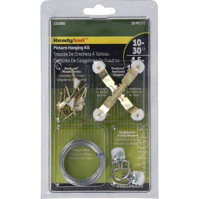 Hillman 10pc 10lbs-30lbs Picture Hanging Kit: Brass Hooks & Hangers, Gold, Picture Hanging Hooks, Picture Hangers