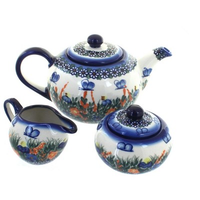 Blue Rose Polish Pottery Spring Butterfly 3 Piece Tea Set