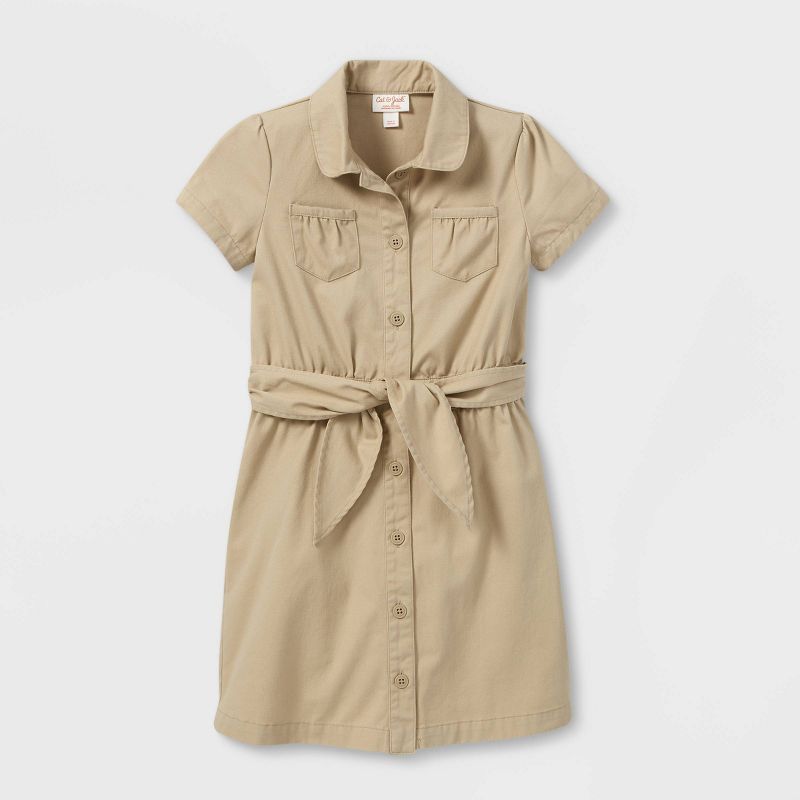 Girls' Short Sleeve Uniform Safari Dress - Cat & Jack™ Khaki 4: Cotton Blend, Front Button Down, Waist Tie Belt, Patch Pocket