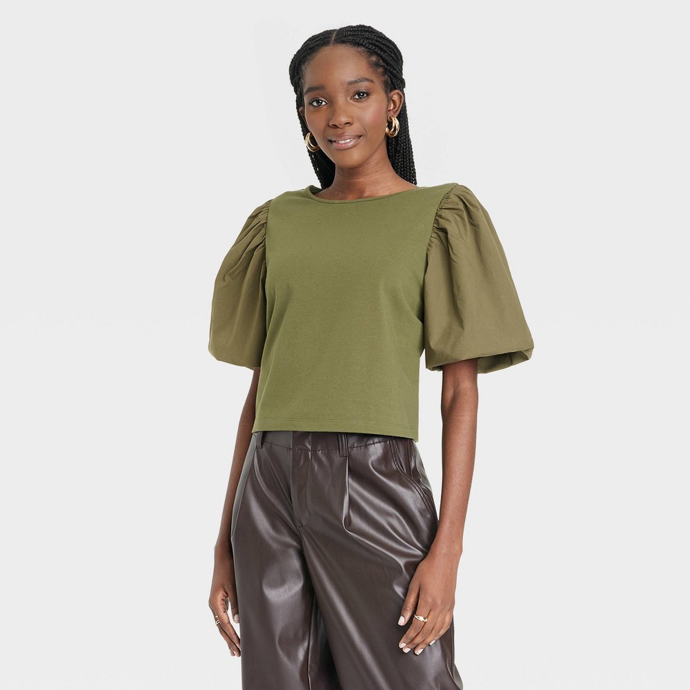 Women's Puff Short Sleeve T-Shirt - A New Day™ Olive XL