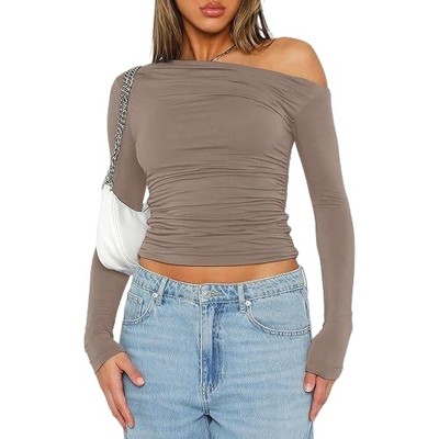 Women's Casual Long Sleeve Boat Neck Off Shoulder Slim Fit Elevated Basics Crop Tops Going Out Blouses Tight Shirts