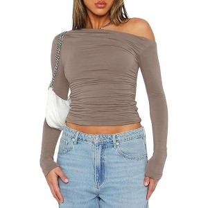 Women's Casual Long Sleeve Boat Neck Off Shoulder Slim Fit Elevated Basics Crop Tops Going Out Blouses Tight Shirts - 1 of 4