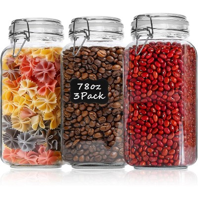 Set of 3 Airtight Glass Jars with Lids 78oz, Food Storage Canister Square for Flour, Cereal, Pasta, Beans