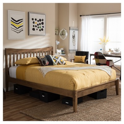 Edeline Walnut Wood Queen Platform Bed with Slatted Headboard
