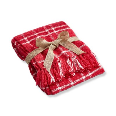 tag Merry Plaid Acrylic Decorative Throw for Sofa or Bed, Red and White Plaid with Fringe 50L x 60W in.