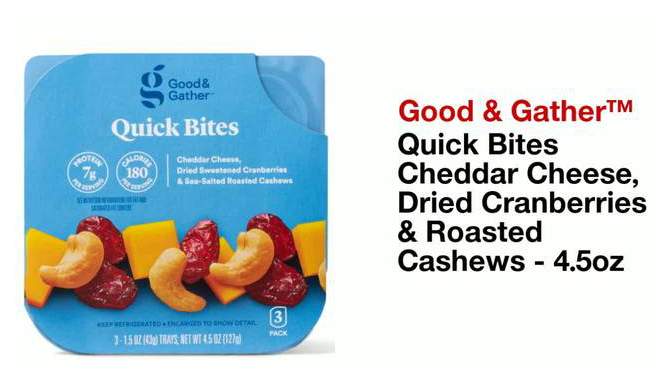 Quick Bites Cheddar Cheese, Dried Sweetened Cranberries &#38; Sea-Salted Roasted Cashews - 4.5oz/3ct - Good &#38; Gather&#8482;, 2 of 7, play video