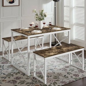 Dining Table Set for 4, Rectangle Dinner Breakfast Dinette with 2 Benches, 3 Piece, Dark Brown/Oak - 1 of 4