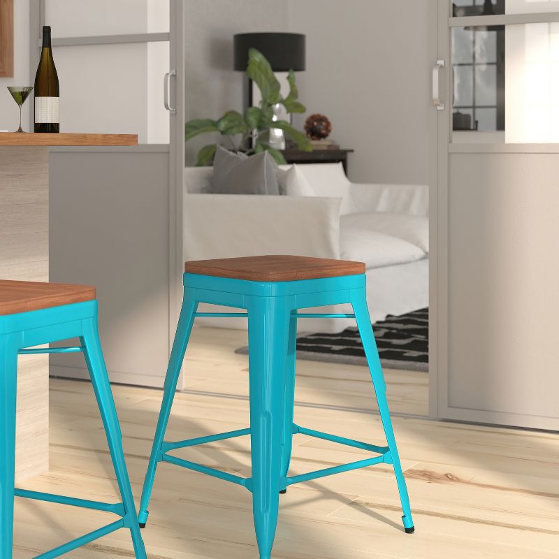Merrick Lane Backless Metal Dining Stool with Wooden Seat for Indoor Use, 4 of 5