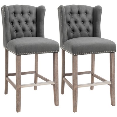 HOMCOM Counter Height Bar Stools Set of 2, Upholstered 26.75" Seat Height Barstools, Breakfast Chairs with Nailhead-Trim & Tufted Back, Wood Legs