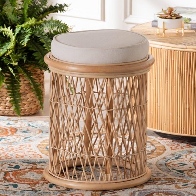 Junius Natural Rattan Round Ottoman with Fabric Cushion