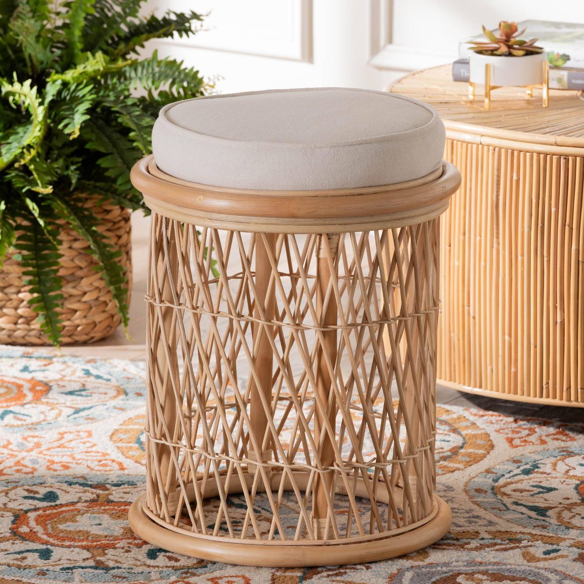 bali & pari Junius Natural Rattan Ottoman Footstool: Handcrafted, Bohemian, No Assembly Required - thumbnail 2