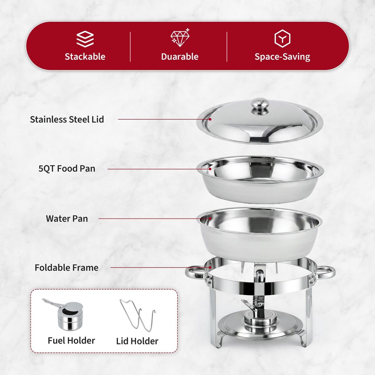 2-Pack Round Chafing Dish Buffet Set, Stackable Stainless Steel Food Warmer with Lid & Water Pan for Catering, Weddings, Parties, Hot & Cold - thumbnail 7